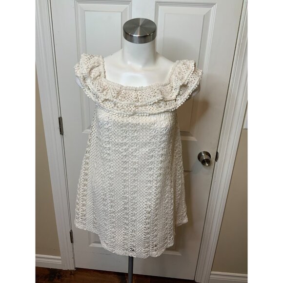 Sezane White Crochet Lace Ruffle Square Neck Mini Dress, SizeMedium - Picture 1 of 5